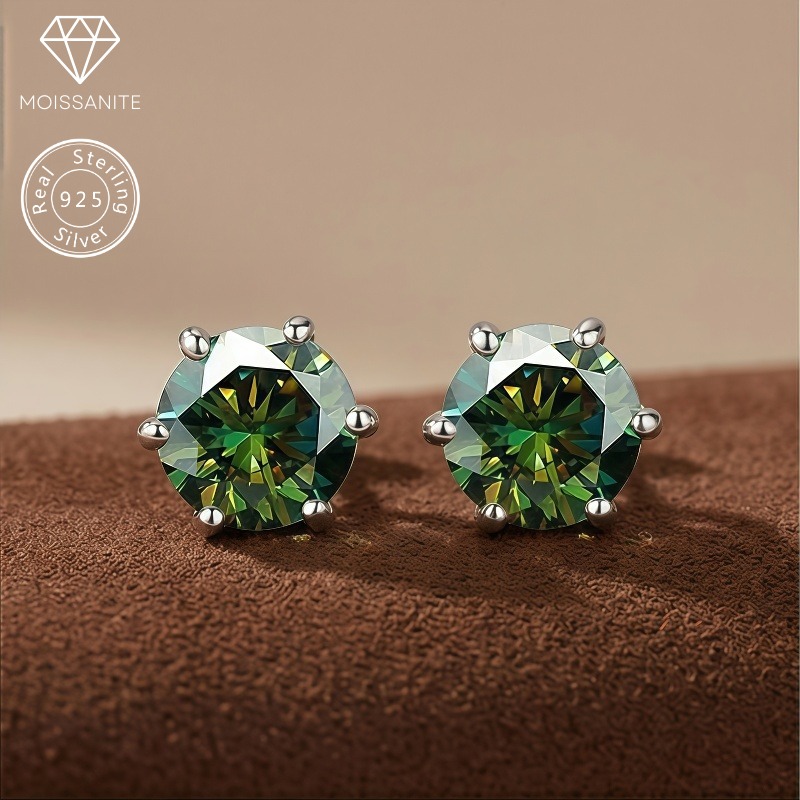 1/2/3 Carat Classic Green Round Cut Moissanite Earrings