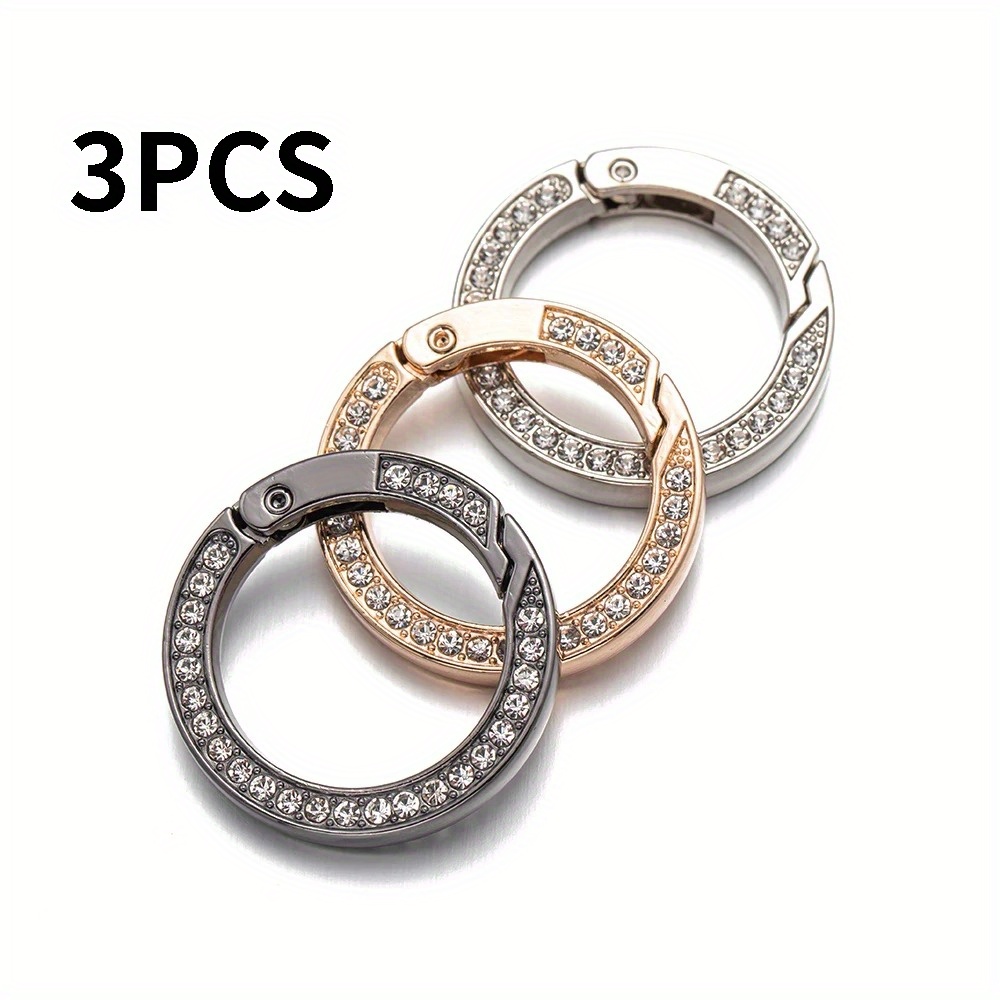 E-shop Set mit 3 Metall O-Ringen mit offenen Karabinerhaken, verziert mit Strasssteinen, geeignet für Schlüsselanhänger, Taschenzubehör und
