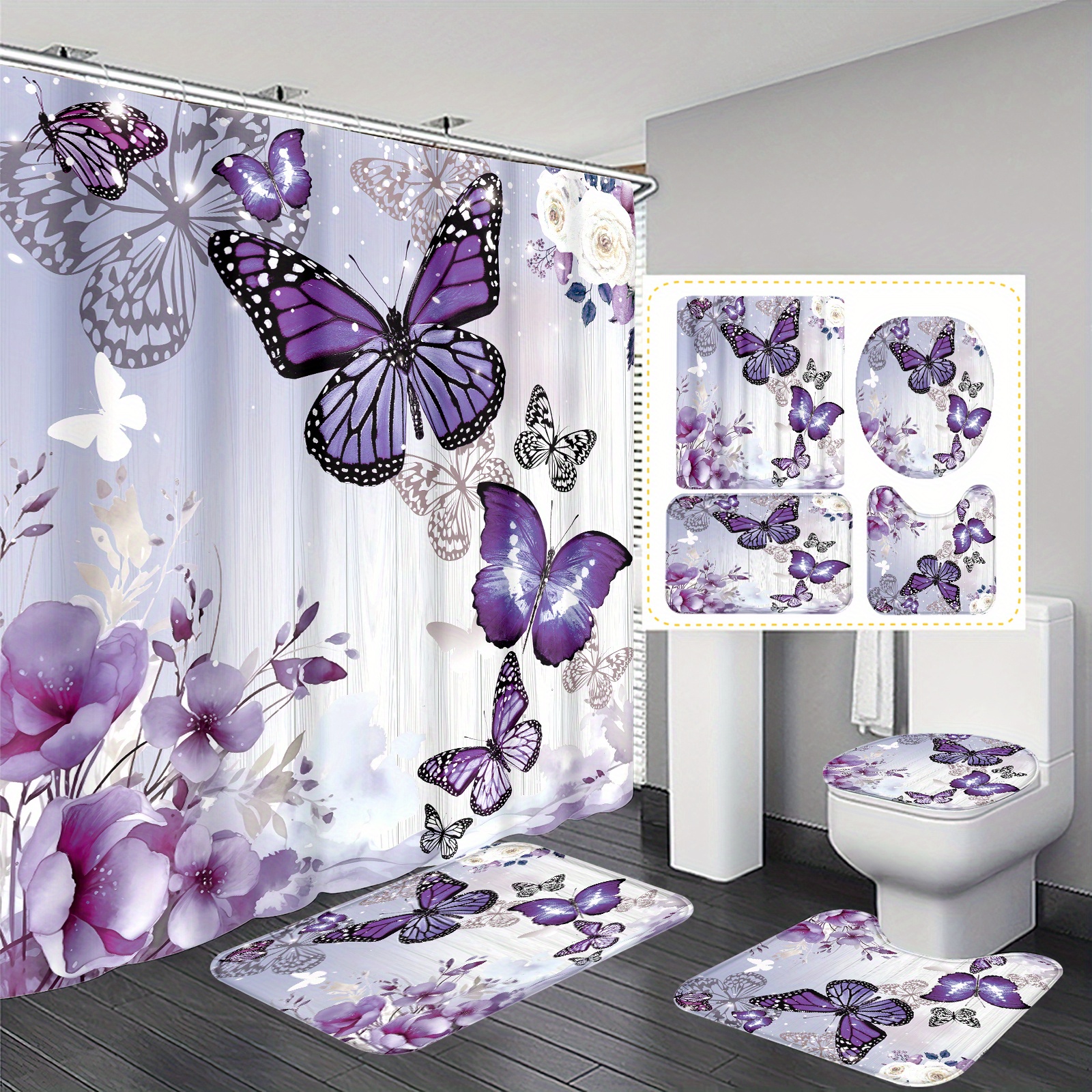 TEMU 1pc/4pcs Romantic Floral Insulation Home Decoration Bathroom Shower Curtain With 12 Hooks, Bathroom, U-shaped And Round Toilet Lid Cover,