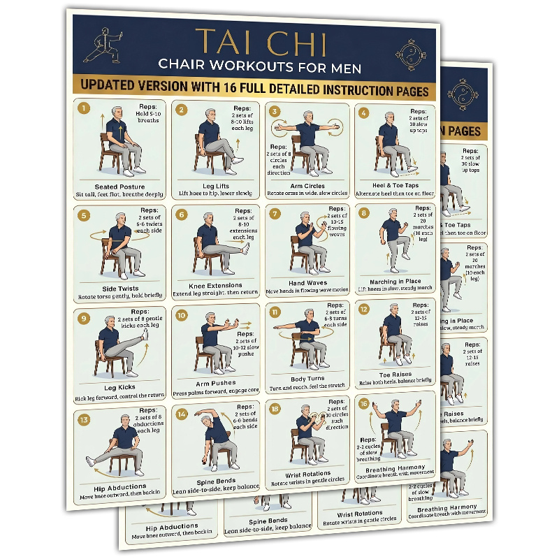 2pcs YEFELICEM Chair Tai Chi Workout Poster Suitable for Men & Seniors - Seated Tai Chi Exercise Chart with 16-Step Low Impact Fitness Guide, Gym Training Chart, Unframed for Chair and Tai Chi Practice
