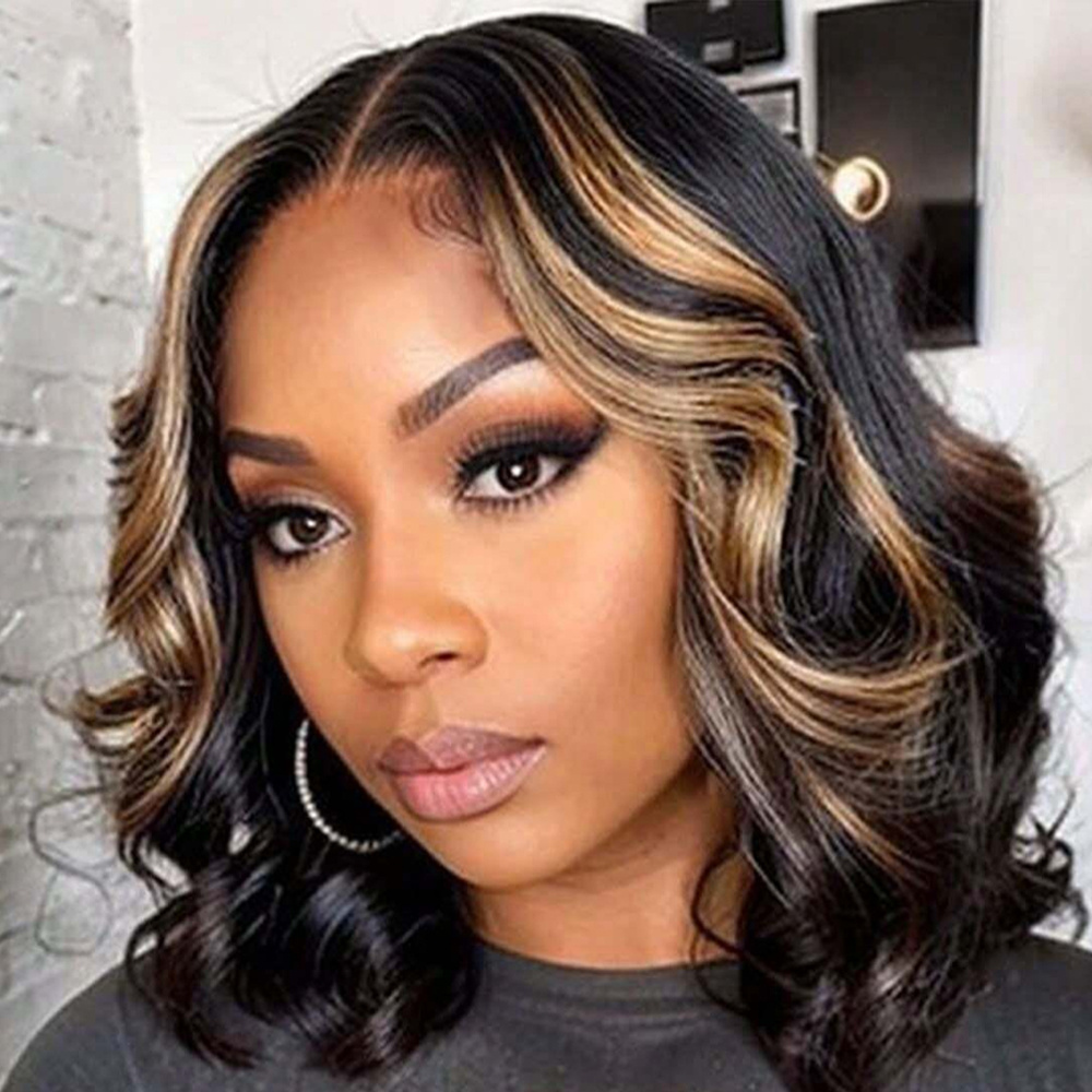 150% Density Human Hair Bob Wig with 1B/30 Ombre Highlights - Body Wave Loose Wavy 4x4 HD Lace Glueless Frontal Pre-Plucked Natural Hairline Short Bob Wigs for Women, Everyday Style Wig | Natural Hairline Wig | Seamless Blend Wig