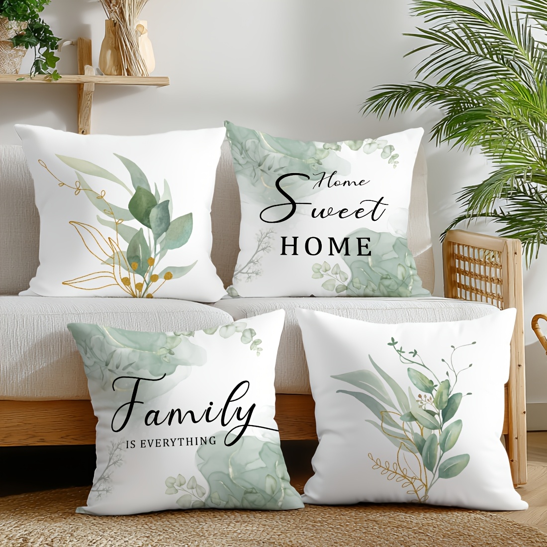 TEMU Juego de 4 fundas de almohada con estampado a una cara, con plantas de acuarela verde, perfectas para una del hogar, ideales para sofás de y