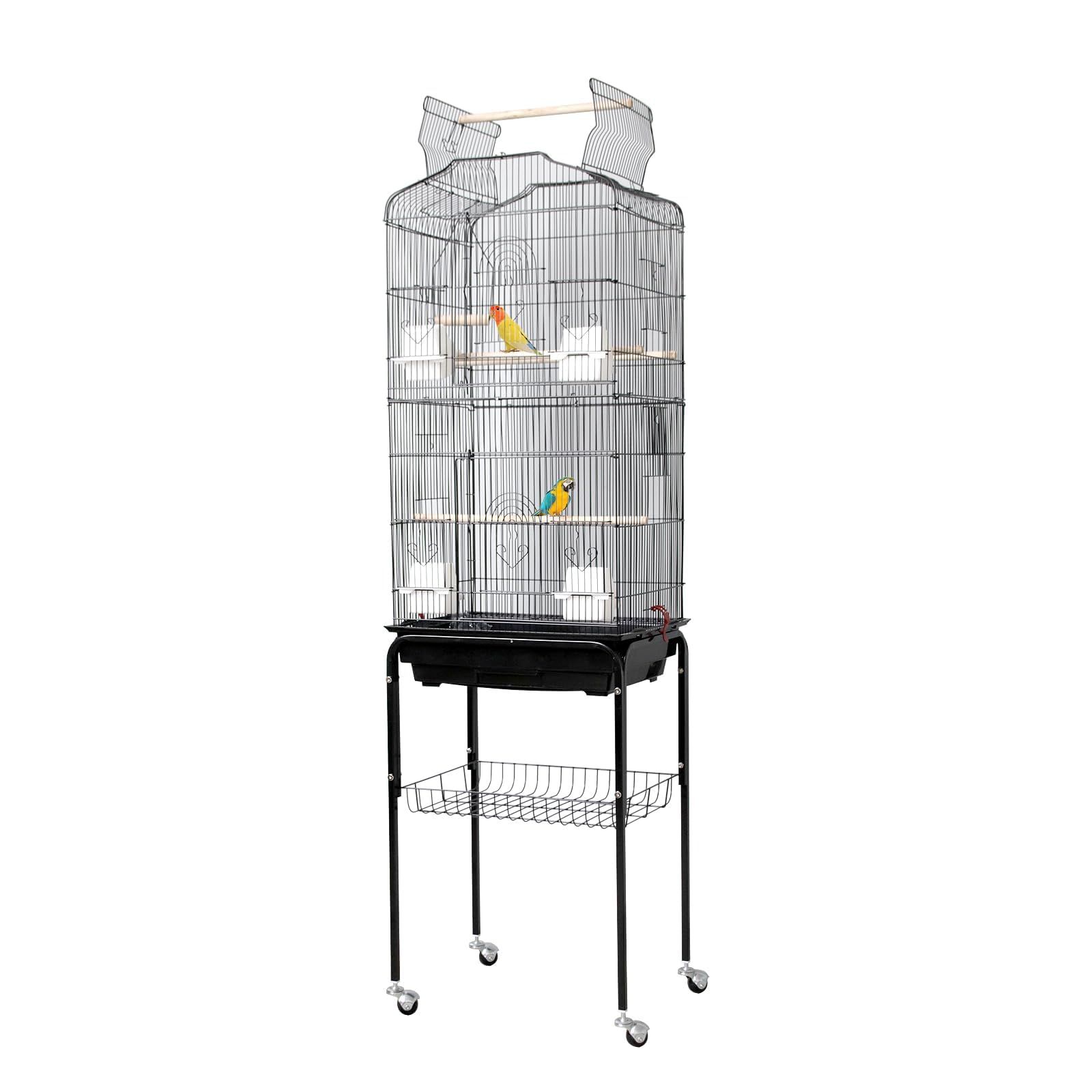 A Compact Birdcage Featuring A Removable Rolling Base And A Storage Shelf, Designed For Play And Entertainment, Suitable For Hanging Or Standing, Perfect For Pet And Domestic Birds