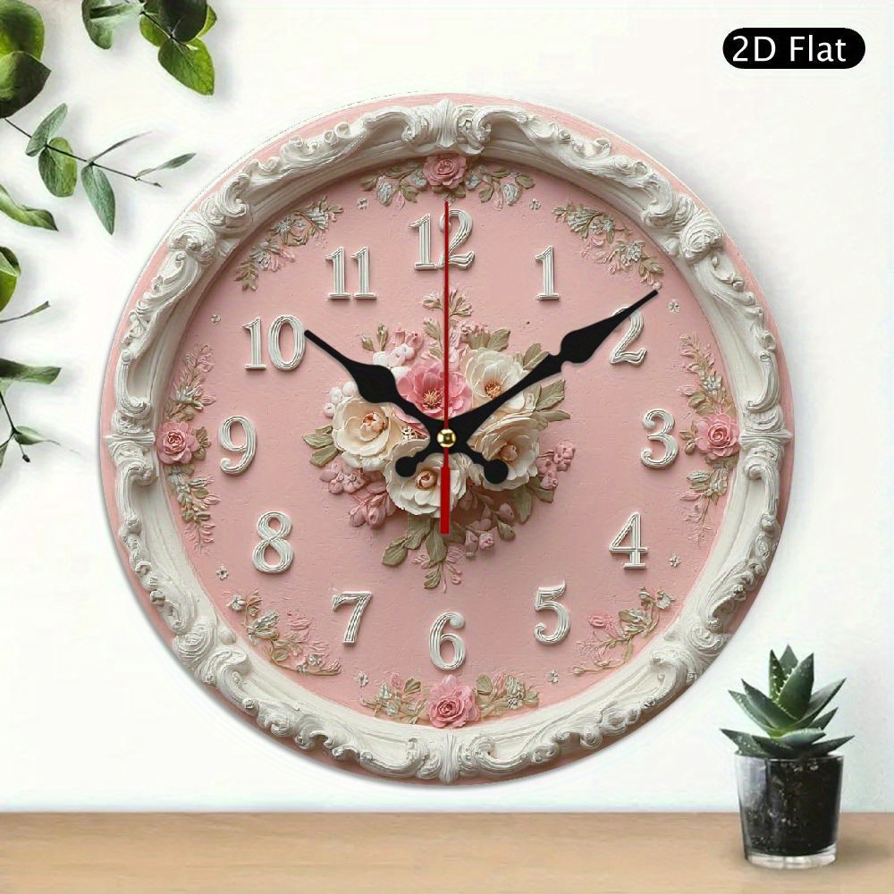 TEMU 1pc Elegant Wooden Silent Wall Clock - Floral Round Battery- Quiet Movement With - Hands, Decorative Flower Clock For, Living Room, Bedroom (aa