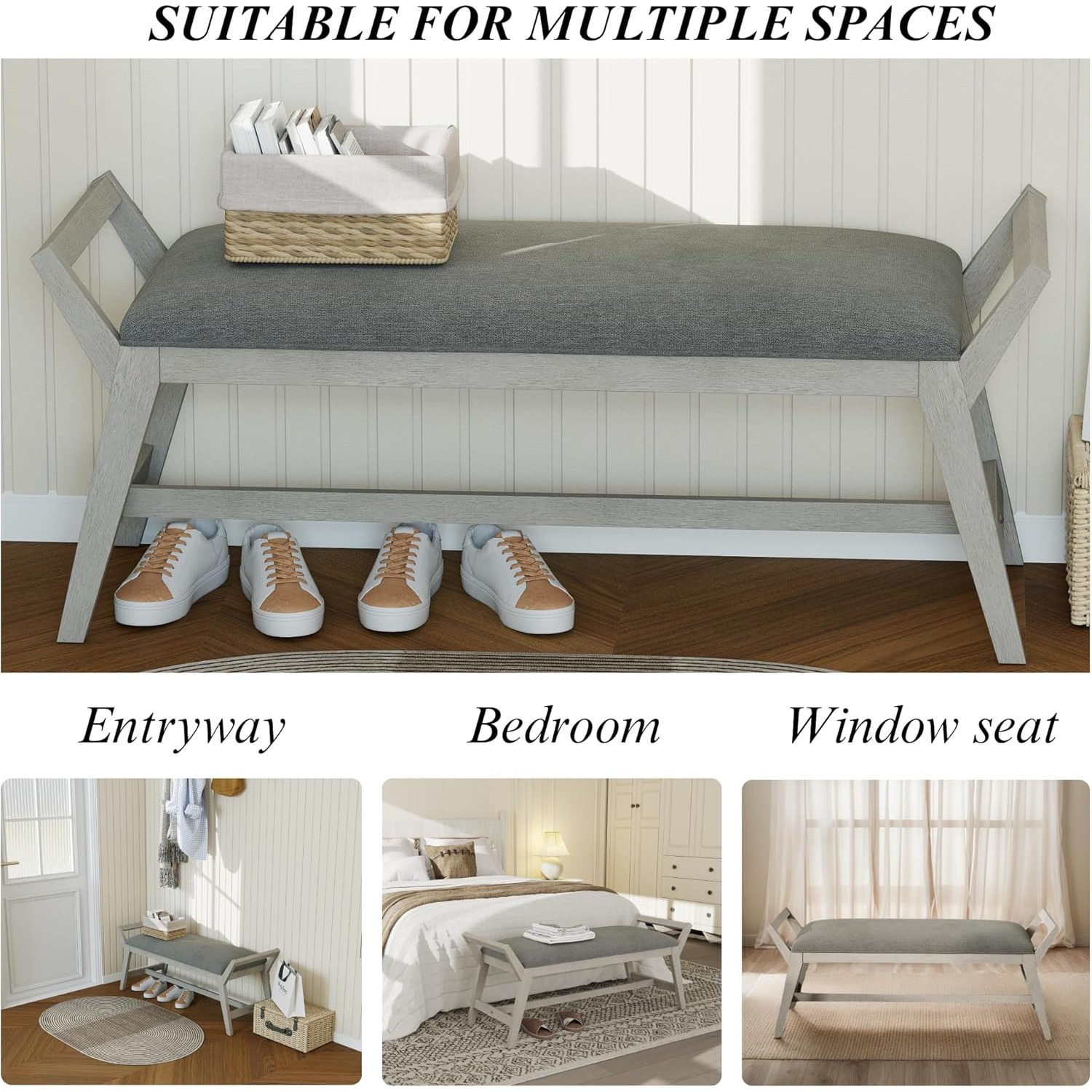 1pc 51Inch End of Bed Bench | Solid Wood Frame, Fabric Upholstered Ottoman Bench for Entryway, Bedroom, Hallway, Living Room, Modern Style