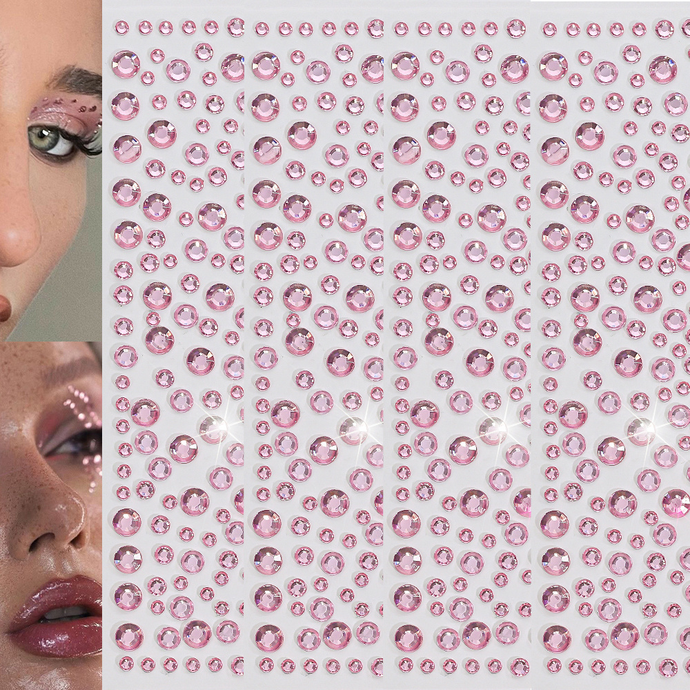 TEMU 4 piezas de pegatinas de pedrería con rosa para cara y - Gemas redondas de tamaño para cara, ojos y cuerpo, instantáneas para decoración de