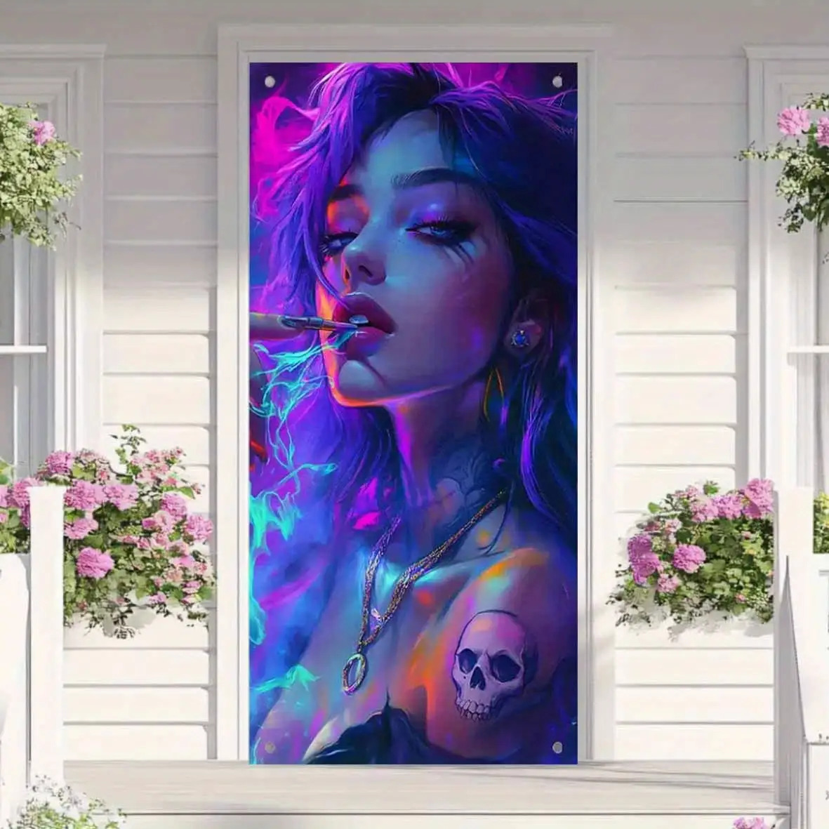TEMU 2d Flat, 2d Flat - 2d Door Banner 2d Flat, 2d Door Banner, 1pc 2d Flat Printing Door Banner, Neon Purple-haired Girl With Tattoo Door Banner-