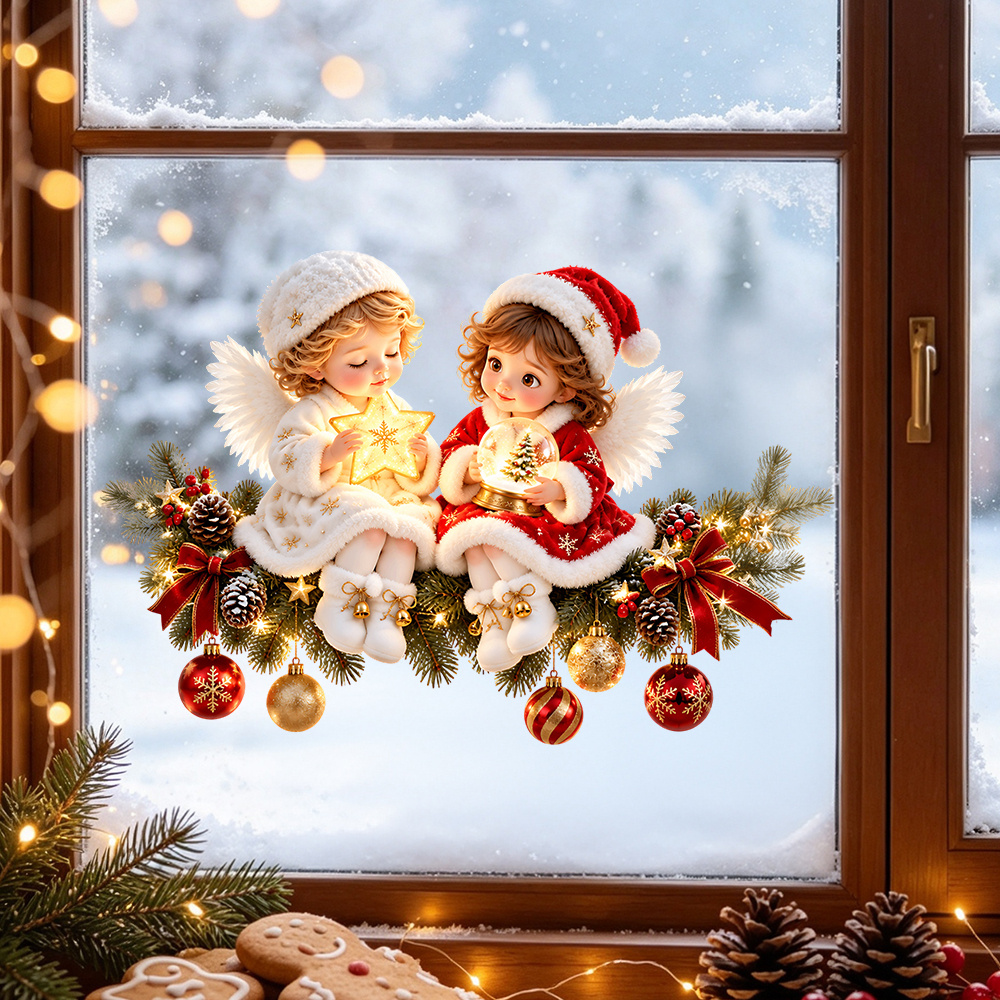 TEMU 1pc Winter Cute Christmas Window Sticker, Hat And Scarf Protecting Pine Branch Decorative Glass Sticker - Hanging Balls And Pine Branches, Gift
