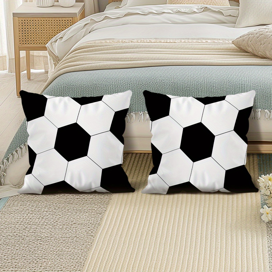 TEMU 2pcs Black And White Soccer Geometric Throw Pillow Covers | Style Pillowcases, Zipper Closure, Machine Washable, Ideal For Living Room, Sofa Or