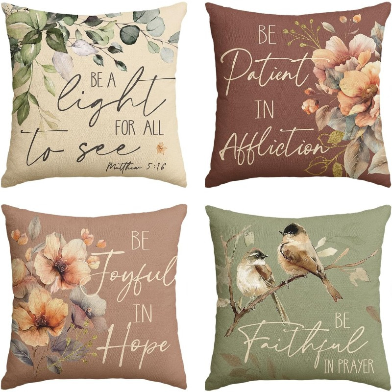 

4pcs Vintage Floral Linen Throw Pillow Covers, Seasonal Eucalyptus Leaf & Rustic Cases, Invisible Zipper, Hand Wash Only - Decorative Sofa Pillowcases For Room Types