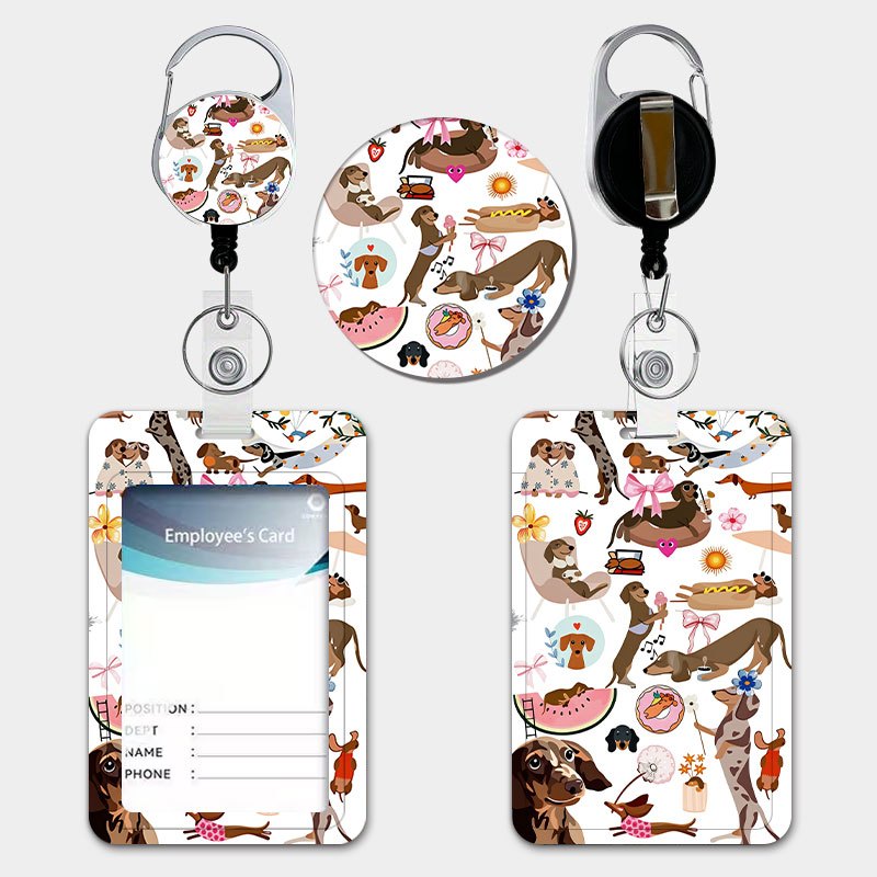 TEMU A Cute Pink-themed Cartoon Dachshund Design Id Card Holder For Women, Featuring An Retractable Lanyard And Keychain. Made From Durable Plastic,