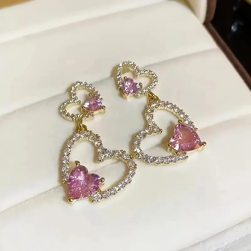 1 pair elegant pink heart drop earrings for women luxurious with sparkling crystals perfect valentine s day gift or party jewelry cute and stylish accessory valentines jewelry heartshaped earrings intricate details 3