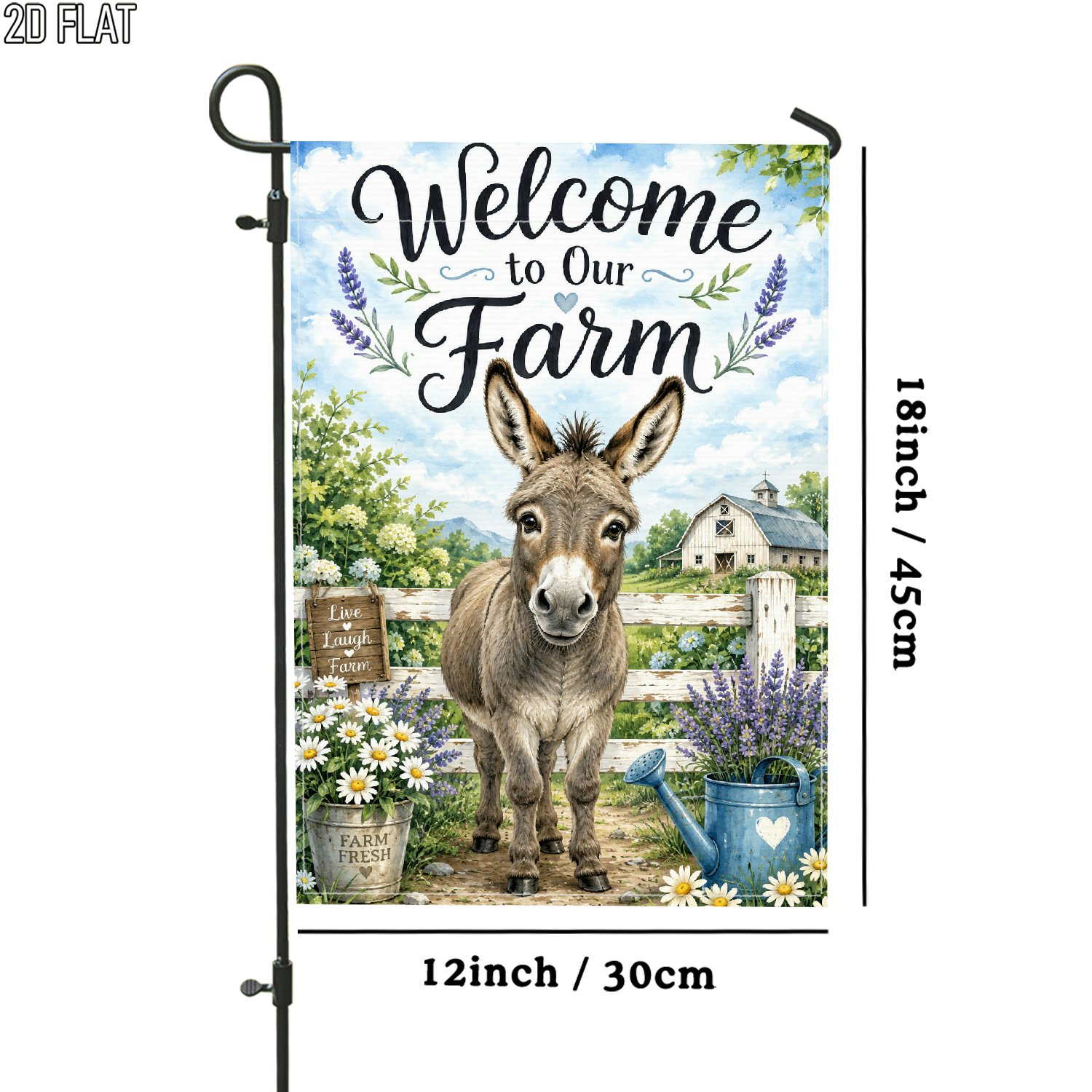 TEMU 2d Flat, 2d Flat 1pc Outdoor Garden Flag Welcome Donkey Farm Blue Double-sided Flag Porch Decoration For Garden Outside Yard Decoration Pole, 2d
