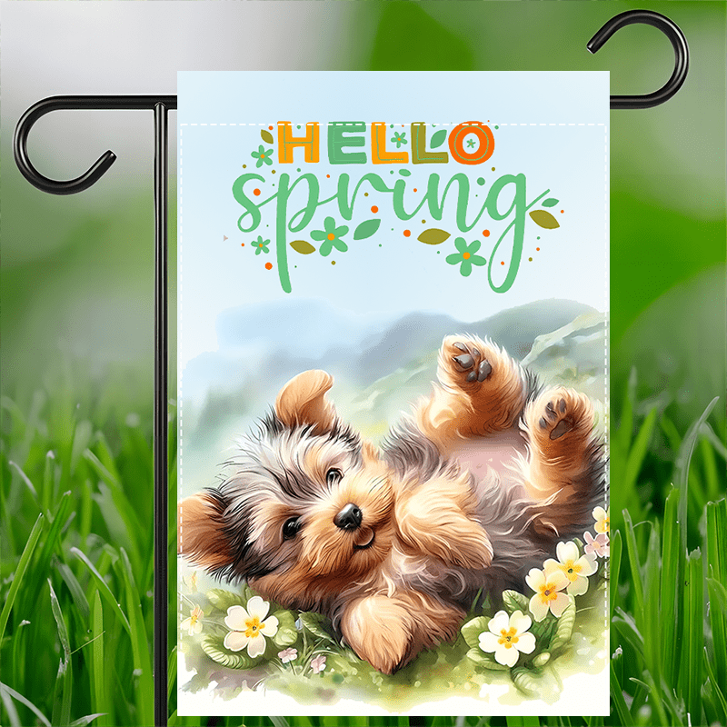 

1pc Hello Flag, 12x18inch, Yorkie & , Polyester, Double-sided Waterproof Burlap, Indoor/outdoor Lawn Decor, No Flagpole Needed