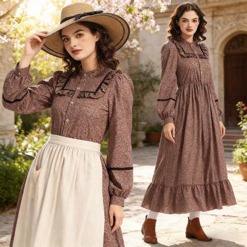 victorian colonial dress suitable for renaissance themed parties historical costumes brown floral pioneer outfit with prairie style for medieval events daily wear