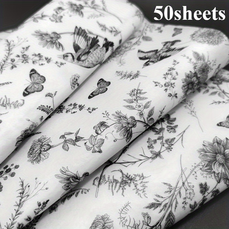 Image of 50pcs Elegant Black Floral & Print Tissue Paper - Diy Crafts, Bouquet Wrapping, Weddings, Birthdays & Holiday Gifts, Diy Craft Supplies| Design|intricate Illustrations, Decorations