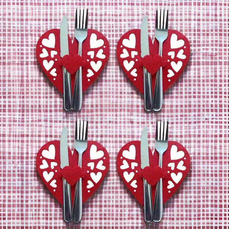 

4-pack 's Day Heart-shaped Felt Cutlery Set, 5.91x5.91 Inches, Heart Tableware For Couples Dinner, No Utensils Included