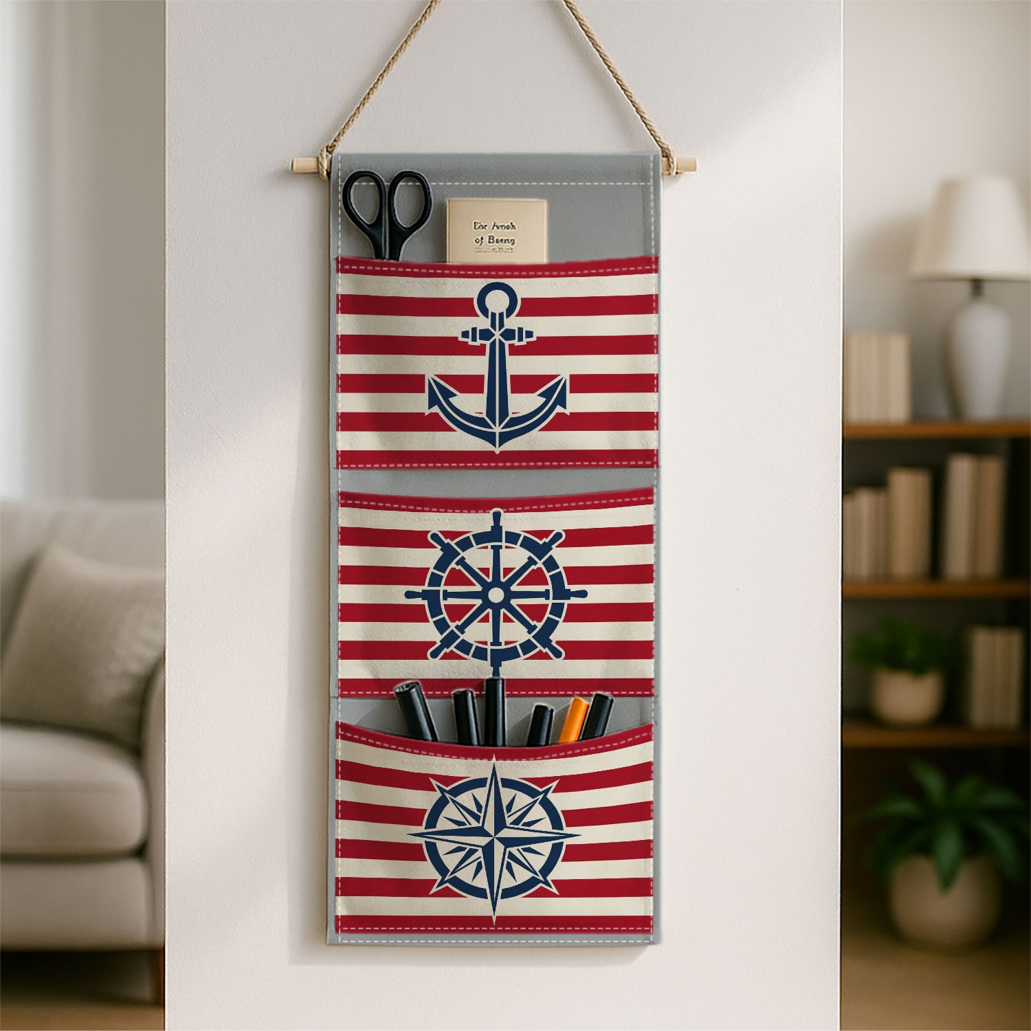 TEMU 1pc Nautical Graphic Anchor Stripe Storage Bag, Featuring A Delicate - Marine Symbol Retro Coastal , Is A Fabric Hanging Organizer Ideal For The