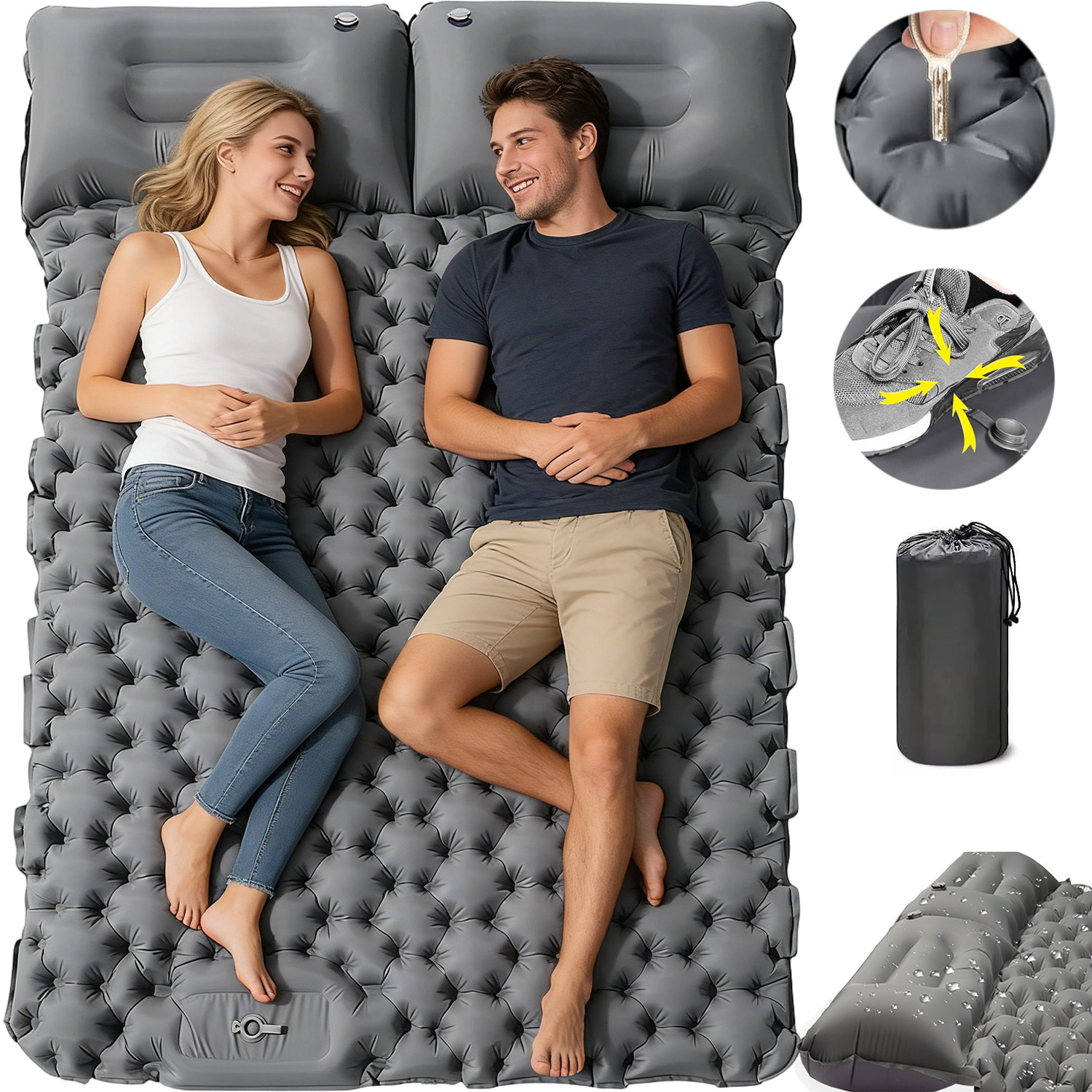 Image of 2-person Camping Inflatable Pad, 196 X 125cm With Built-in Foot Pump And Pillows, Portable Inflatable Sleeping Pad For Camping, Hiking, And Outdoor Temporary Rest