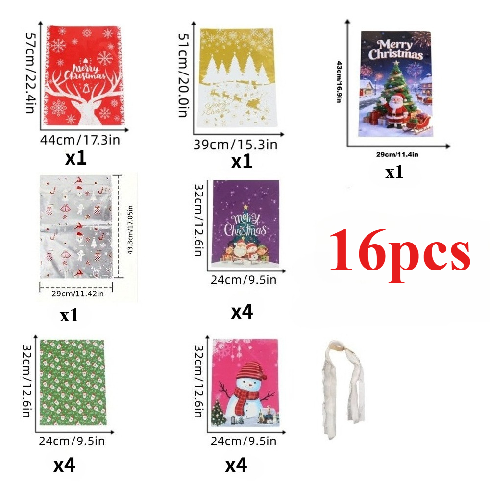 TEMU 16pcs Large Christmas Gift Bags, Durable Plastic Drawstring Bags With Santa Claus Portrait Printed On Them, Suitable For Holiday Party Gifts And