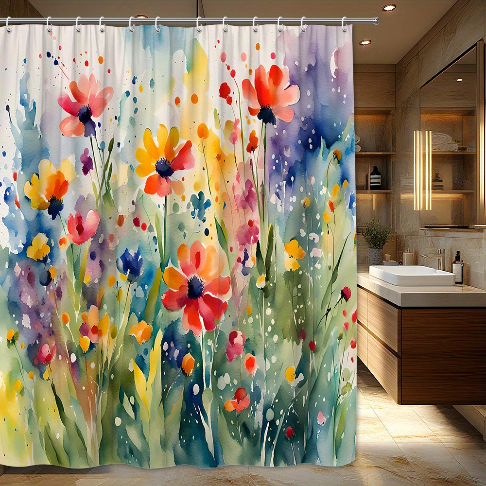 TEMU 1pc Of Colorful Poppies Shower Curtain, Vibrant Watercolor Style With Red, Orange, And Purple , Whimsical Nature Art, Polyester Bathroom Decor
