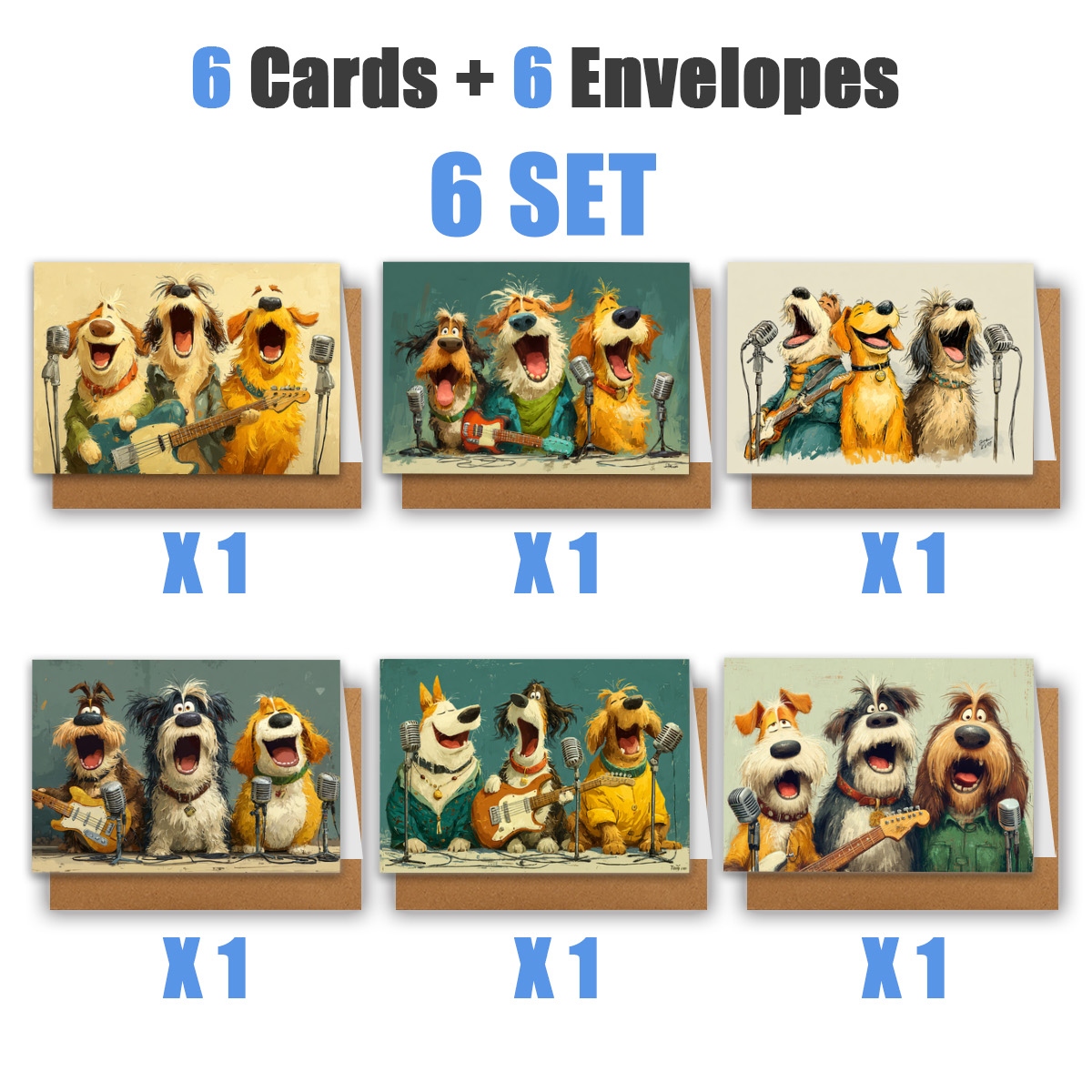 TEMU Lot de 6 cartes de vœux avec chiens de dessin animé chantant et se produisant | Inclut enveloppe, cartes de vœux | Parfait pour les