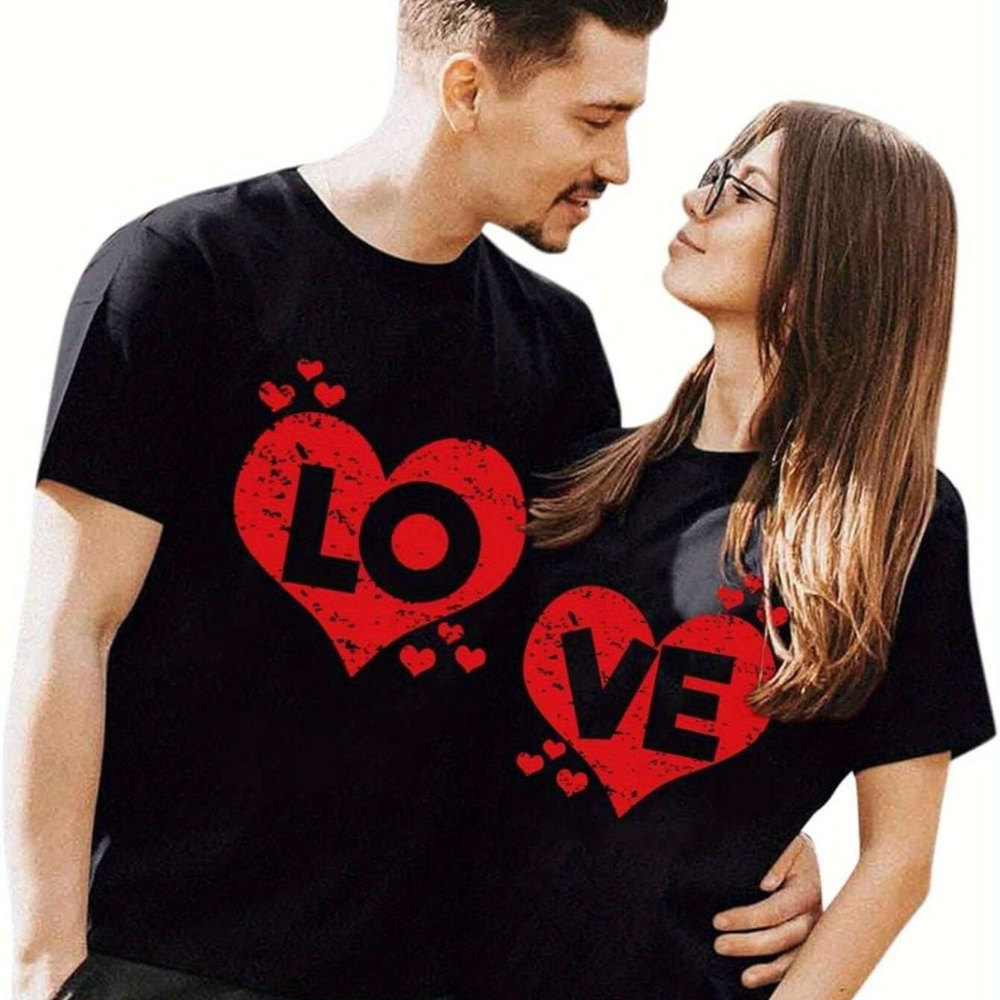 

1pc Lo Ve Print Couples Matching T-shirts - Casual Pure Cotton Short Sleeve Crew Neck Tees For & Lovers - Christmas & Valentine's Day Gifts 180g Tee