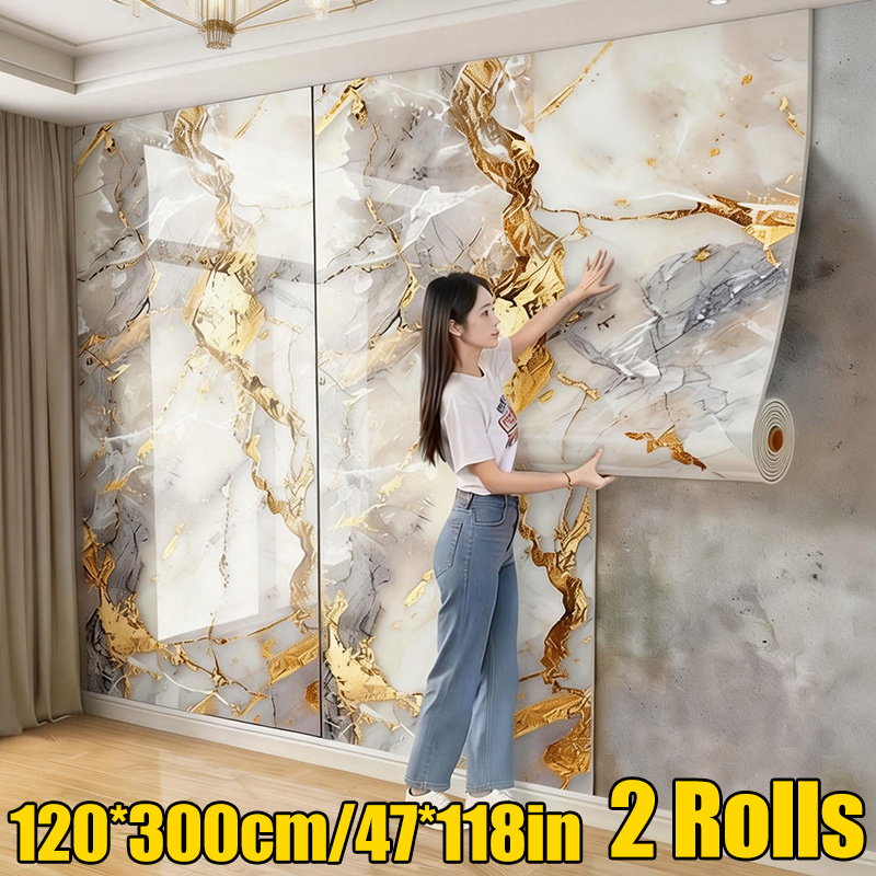Image of 2rolls 300*120cm/118*47in Self Adhesive Glossy Imitation Marble Wall Sticker, 3d Three-dimensional Wall Panel Hanging Decorative Tiles, Waterproof And, Universal For Kitchen, Bathroom And Balcony
