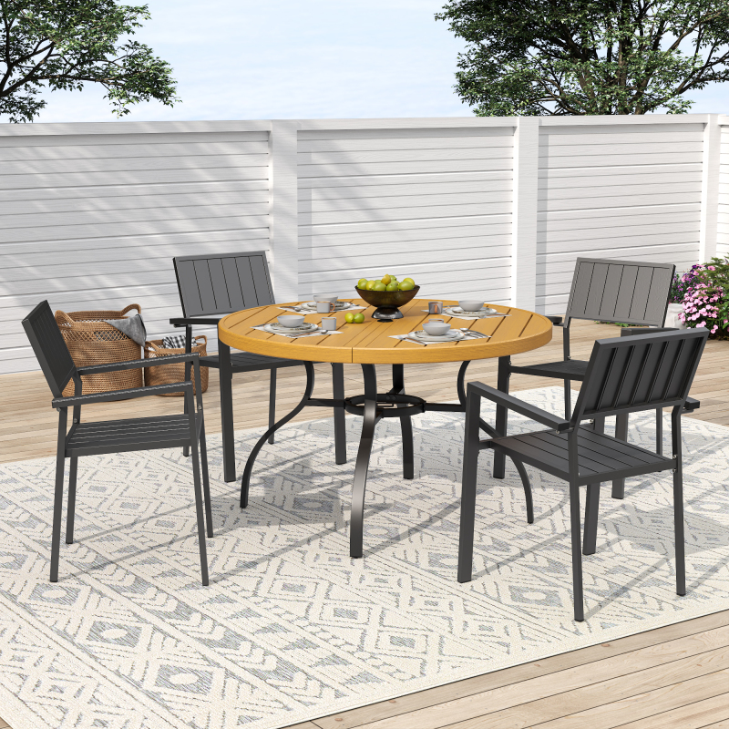 5pcs Outdoor Patio Dining Set, 47' Round Wood-Grain Slat Table W/ Umbrella Hole And 4 Stacking Metal Chairs 350 Lbs Capacity, Rustproof, Breathable Design, 30-Min Assembly, Patio, Garden, Balcony
