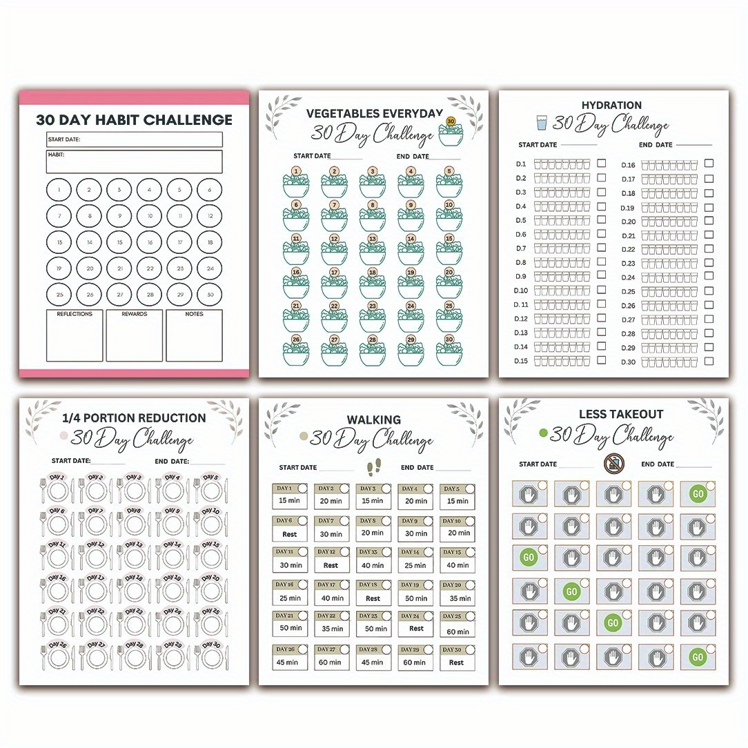 TEMU 6pcs Frameless 30-day Habit Development Posters - Weight Loss, Healthy Diet, Hydration, Portion Control, Walking, Takeout Reduction Challenges |
