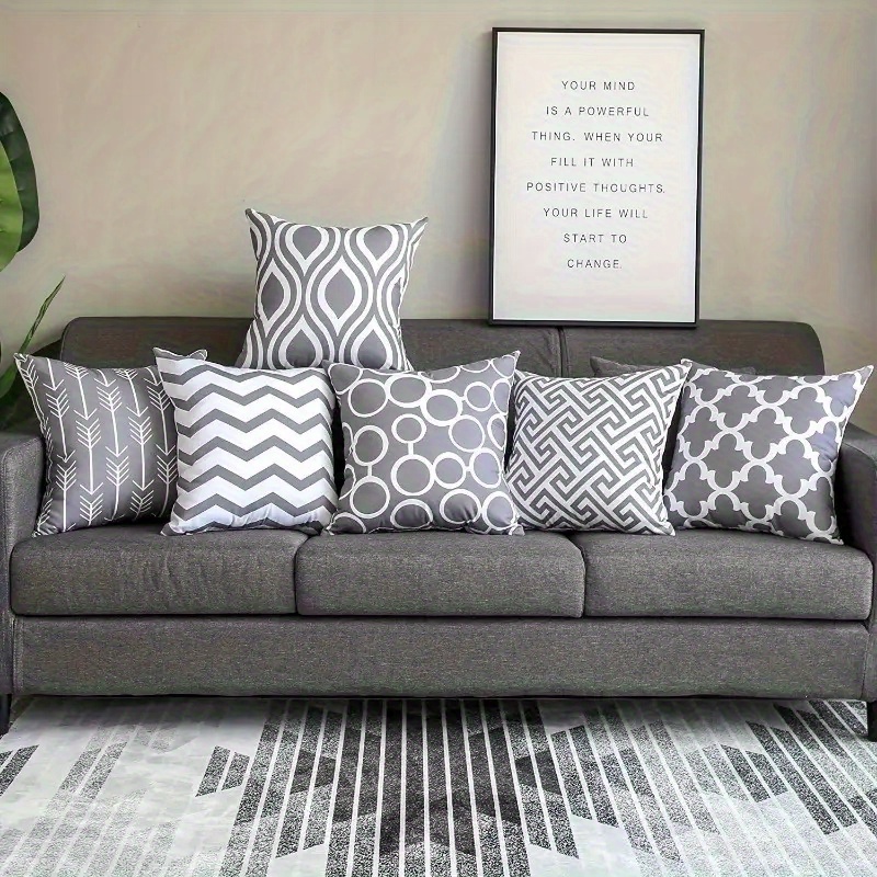 TEMU 6pcs Multi-style Modern Geometric Element Pillow Covers, Gray Pattern Printed Home Decor Cushion Cases, Soft Polyester Fiber, Multiple Sizes ,