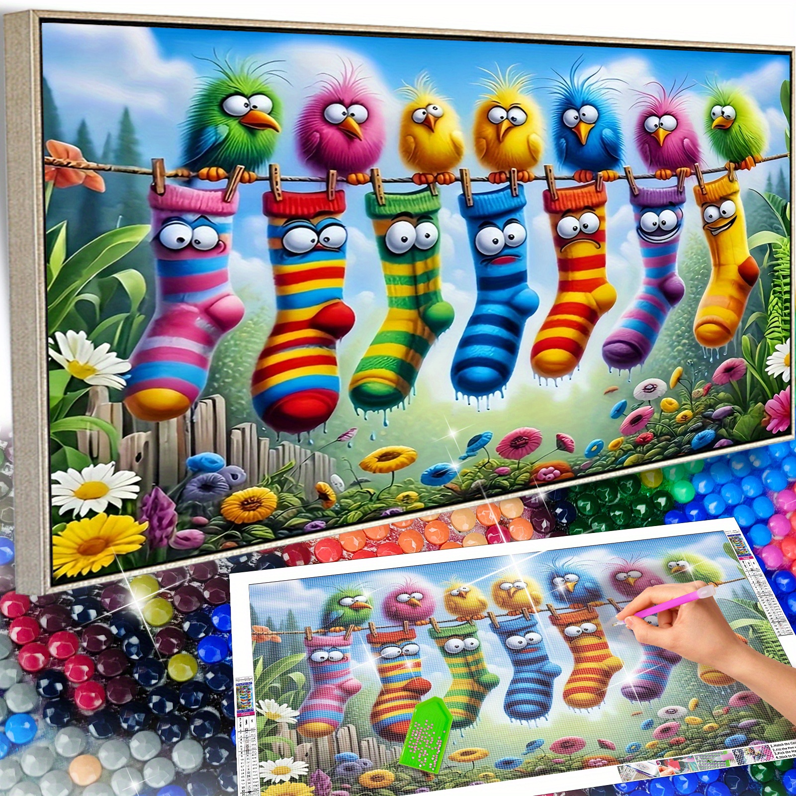 Image of 1pc 5d Large Diamond Painting Kits For Adults, 27.6x15.8inch/ 70x40cm Cartoon Striped Socks Round Full Kits For Home Wall Decoration, Gifts For Halloween, Christmas, And Birthday