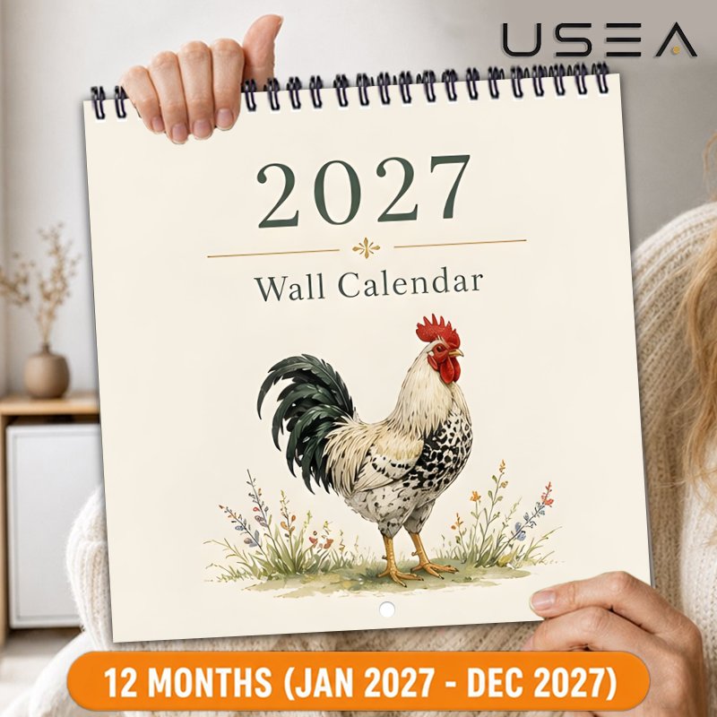 TEMU Teachers' Calendars And Planners 12-month Hanging Monthly Planner Jan 2027 To Dec 2027, 8.3x8.3 Inch Square Farmhouse Rooster Calendar With Twin
