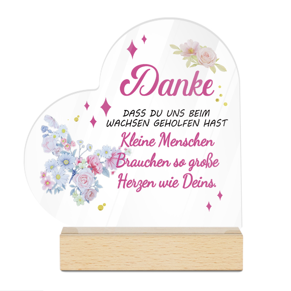 E-shop 2D-Flach-Putuo-Dekor 1 Stück Deutsches Herzförmiges Acryl-Schild Mit Holzgrund Für Tischdekoration, Danke Für Die Hilfe Bei Der Entwicklung Der