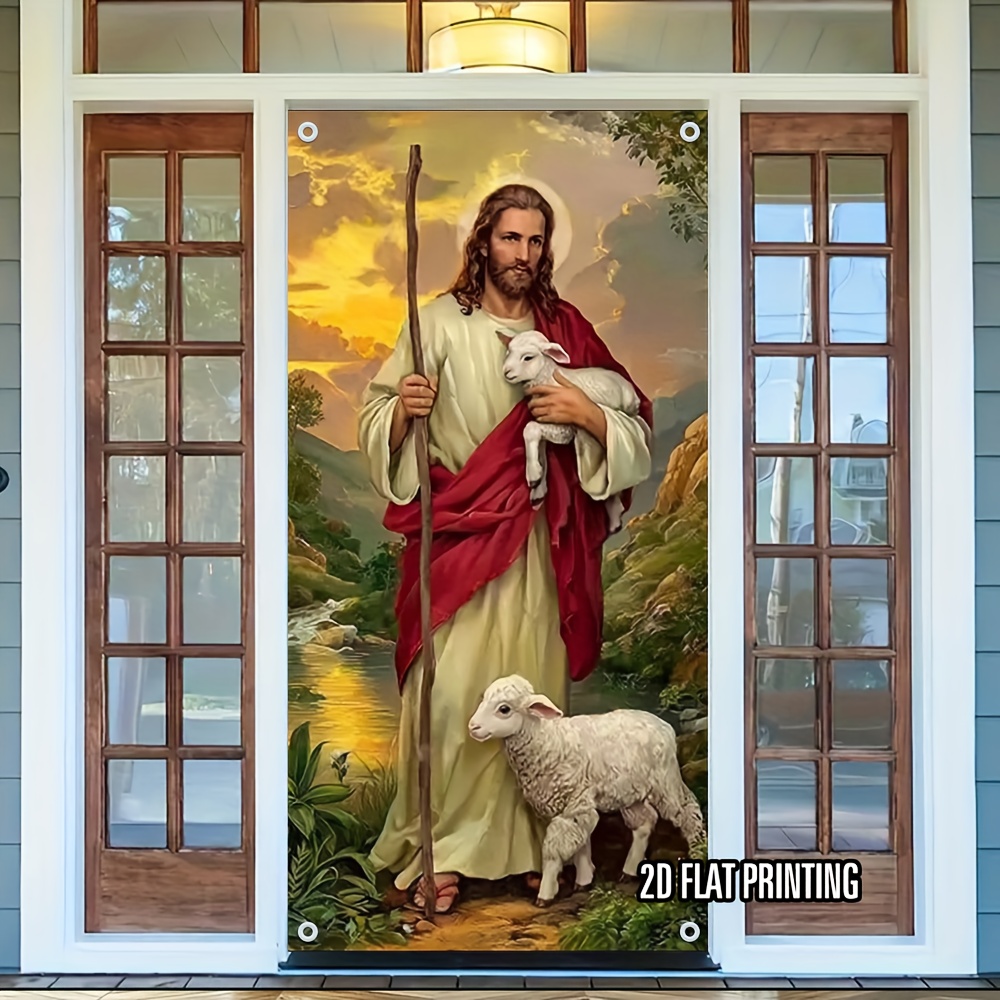 TEMU 2D-Flach, 2D-Türbanner, 2D-Flachbanner, 2D-Türbanner, . großes Christus & Lamm Türbanner – Extra groß 89,92 cm x 180,09 cm religiöse christliche