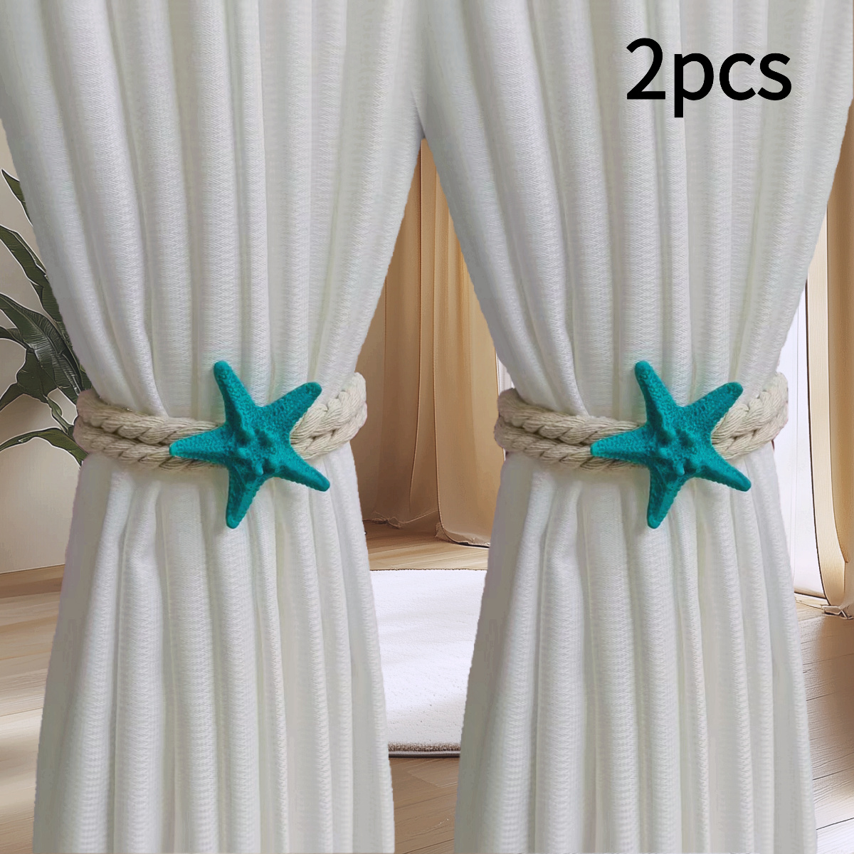 TEMU 2pcs Mediterranean Style Curtain Clips, White Blue Green Resin Starfish Tiebacks, Classic Handmade Curtain Ties, Home Decor Additions