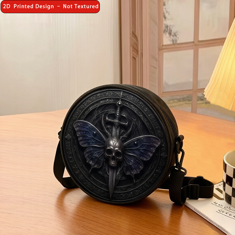 TEMU 1pc Women's Shoulder Bag, Gothic Skull Moth Pattern - 2d Printed, Adjustable Shoulder Strap, Zipper Opening, Backpack Style | Casual Fashion
