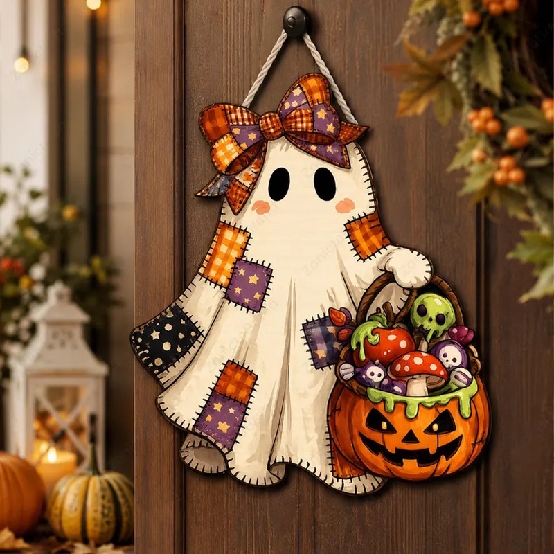 TEMU 2d Flat, 2d Wooden Door Hanger, Rustic Halloween Autumn Door Sign, Cute Spooky Pumpkin Decoration, Halloween Front Porch Decor, Bedroom Decor,