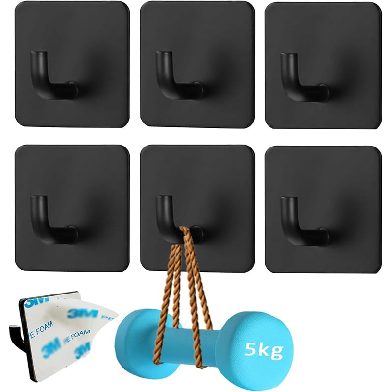 Image of Set Of 6 Black Heavy-duty Adhesive Wall Hooks For Hanging Towels, Robes, Clothes, And Keys In The Bathroom Or Kitchen, Utility Hooks