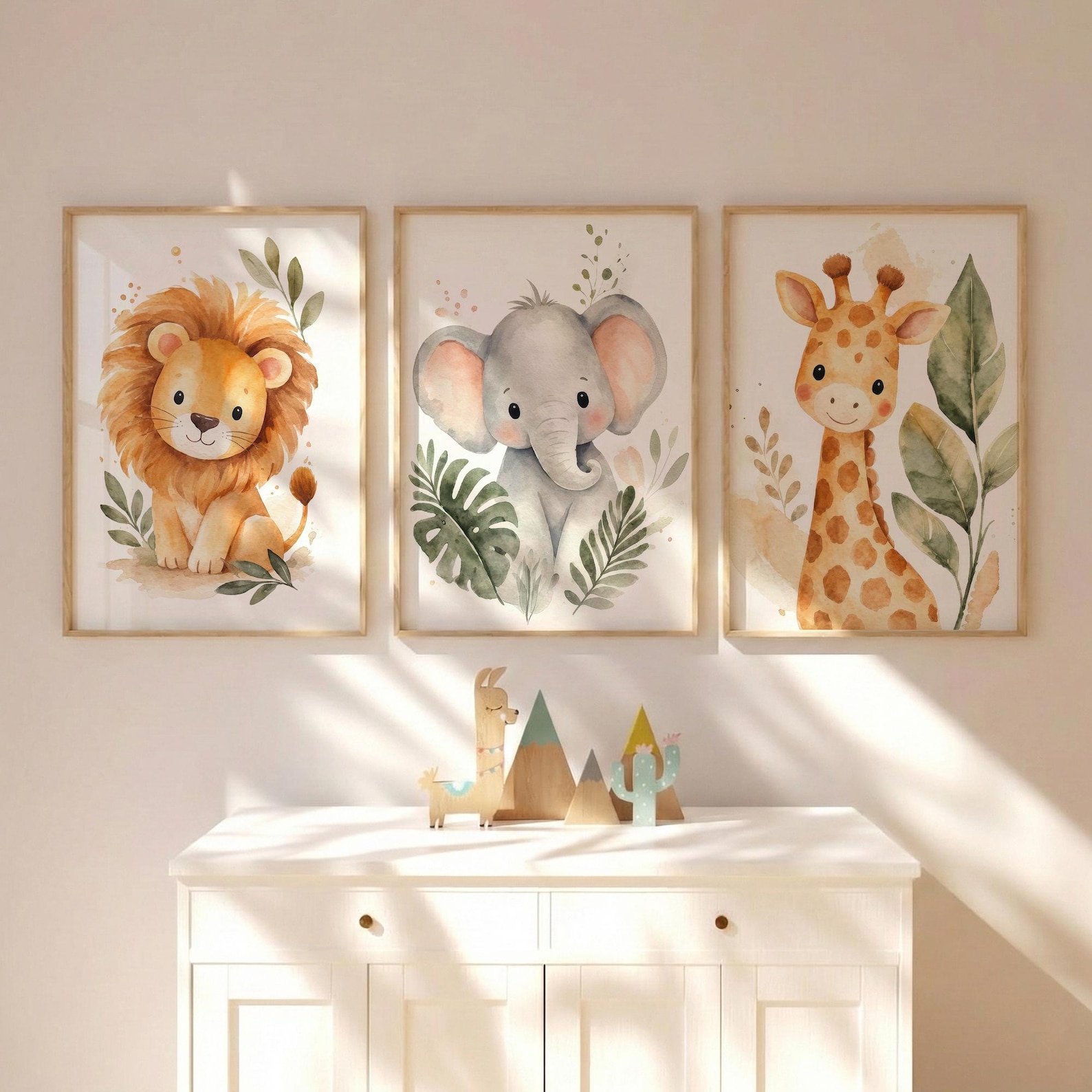 TEMU 2D Plat, [Ensemble de 3 Affiches sur Toile 2D Plat Cadre] Art Mural sur Toile Aquarelle Animaux de , 3 Pièces, Lion Éléphant , Œuvre d'Art Douce