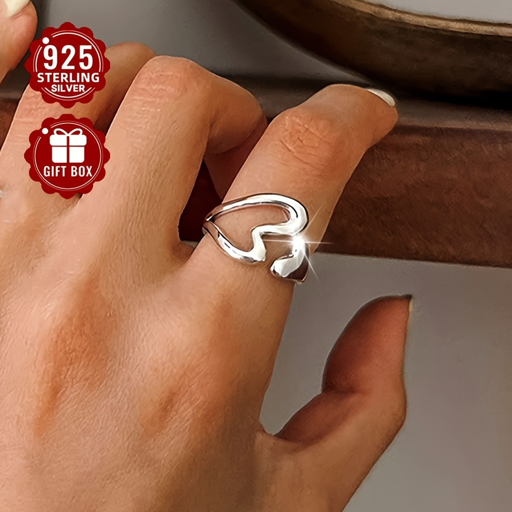 

1pc 925 Sterling Silver Hollow Out Large Heart-shaped Design Ring For Women, Adjustable Index Finger Ring With Low Allergy, Suitable For Women's Wear