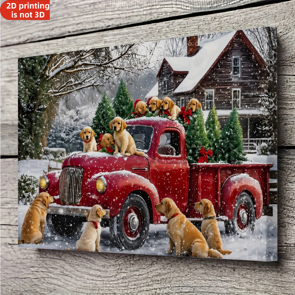 TEMU 2d Flat, 2d Flat 1pc Framed Canvas Vintage Style With Golden Retriever Puppies In Snowy Christmas Scene Canvas Art Print For Living Room Bedroom