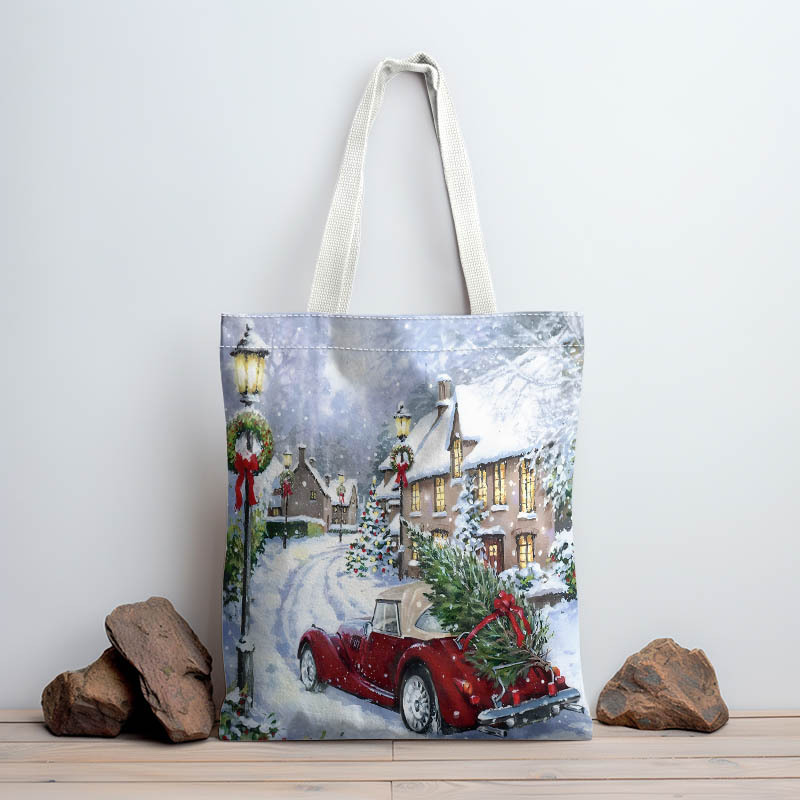 TEMU A Vintage Christmas - Vintage Red And Christmas Tree Decor Tote Bag, A Stylish Beach Tote Bag Gift, Large Tote Bag With Top Handles, Shoulder