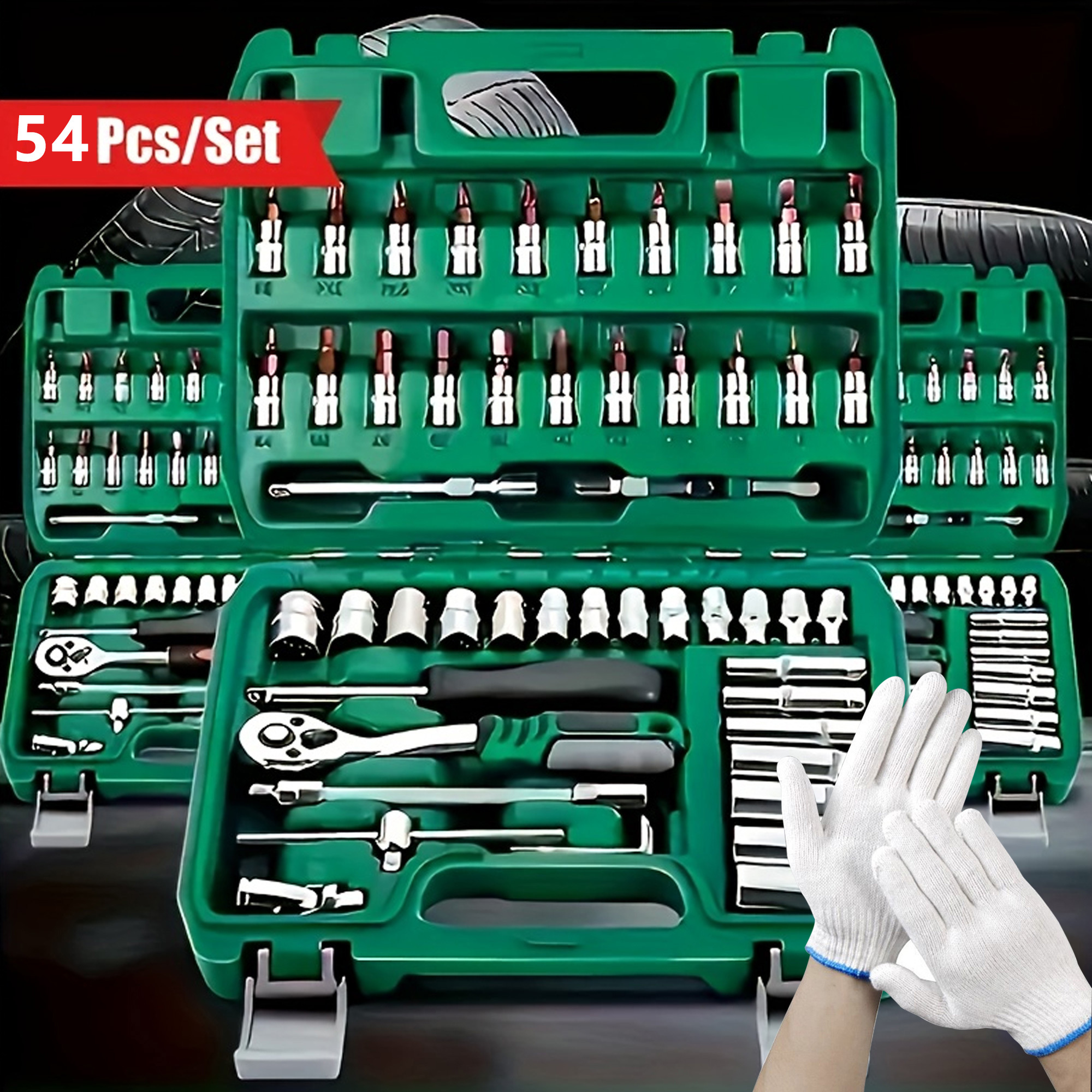 E-shop Premium 54-teiliges Mechaniker-Werkzeugset, inklusive 1/2", 1/4" 3/8" Antriebstiefen, Standard-Steckschlüssel, Ratsche, Drehmomentschlüssel