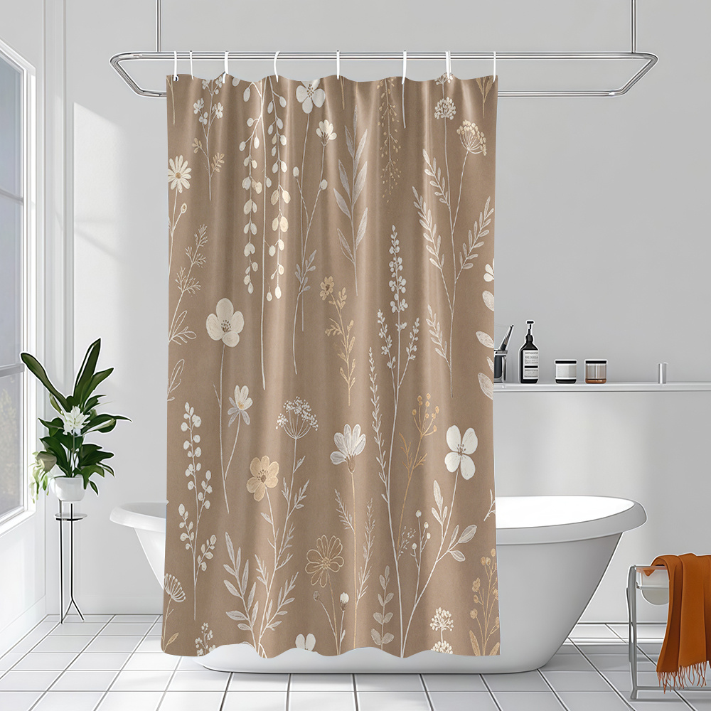 TEMU Brown Tone Morandi Plant Print Shower Curtain, Gentle - Style Home Decor Shower Curtain, Polyester Fabric With 12 Hooks, Suitable For Bathroom