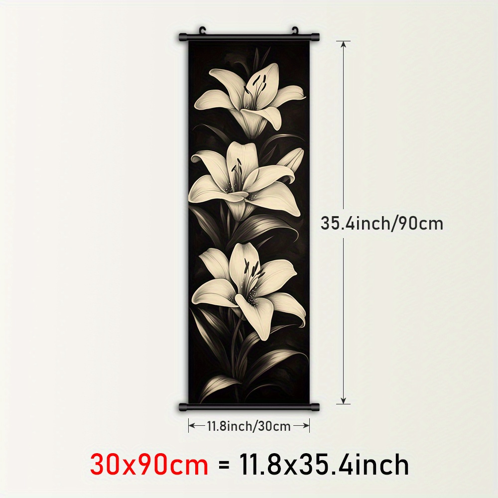 TEMU 1pc Elegant Lilies Canvas Wall Art - Monochrome Japanese-style Flower Painting With Black & Design, Plastic Frame With Hanger For Indoor/outdoor