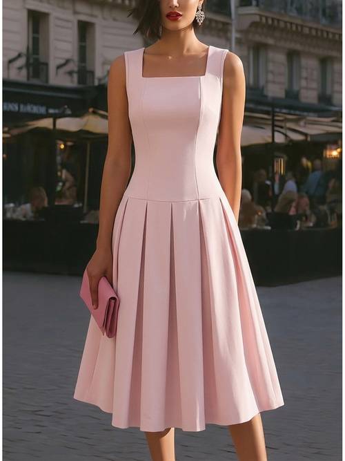europäisches und amerikanisches für damen, frühling und sommer, einfarbiger, quadratischer rundhalsausschnitt, schlanke taille, a-linien-plissérock, elegantes , modisches rosa, mittellanges kleid