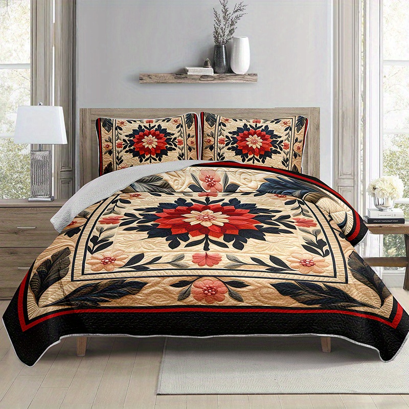 2 3pcs large floral print vintage durable quilted bedding set 1 fitted sheet 1 2 pillowcases pillow inserts not included   size for home dorm use breathable and easy to care