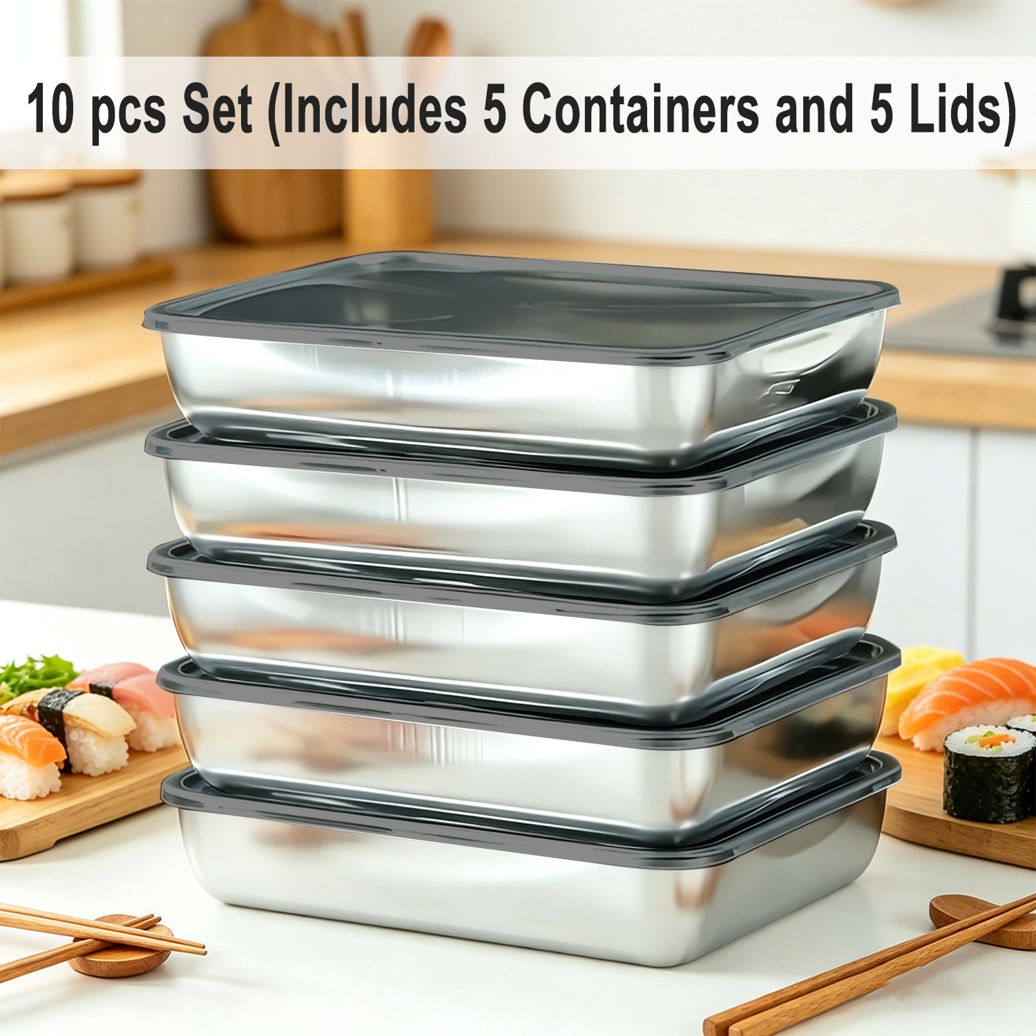 TEMU 10pcs Set (includes 5 Containers And 5 Lids) Stainless Steel Food Storage Containers, Large Square Food Boxs With Black Lid, Leak-proof
