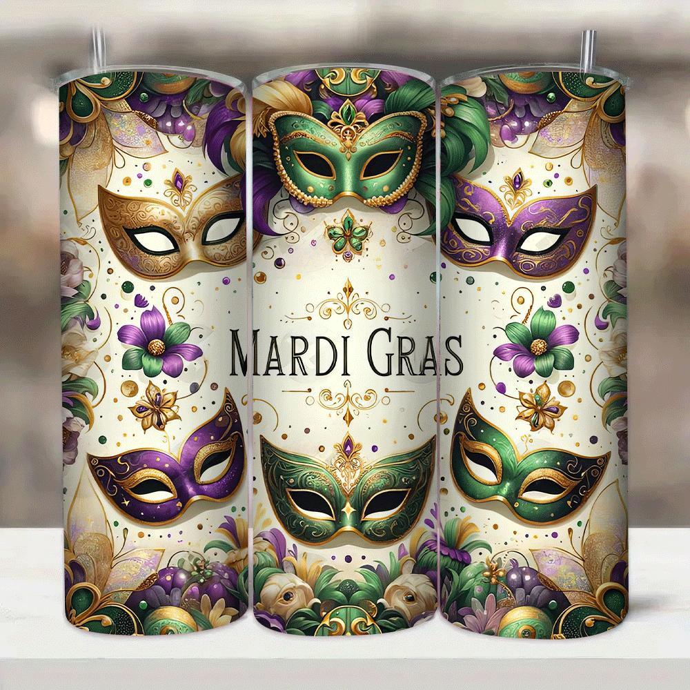 

1pc Mardi Gras Insulated With Straw, 304 Stainless Steel Travel Cup, Thermal Beverage Holder, Carnaval Design, With Uncharged, For Unique Birthday Gift Idea